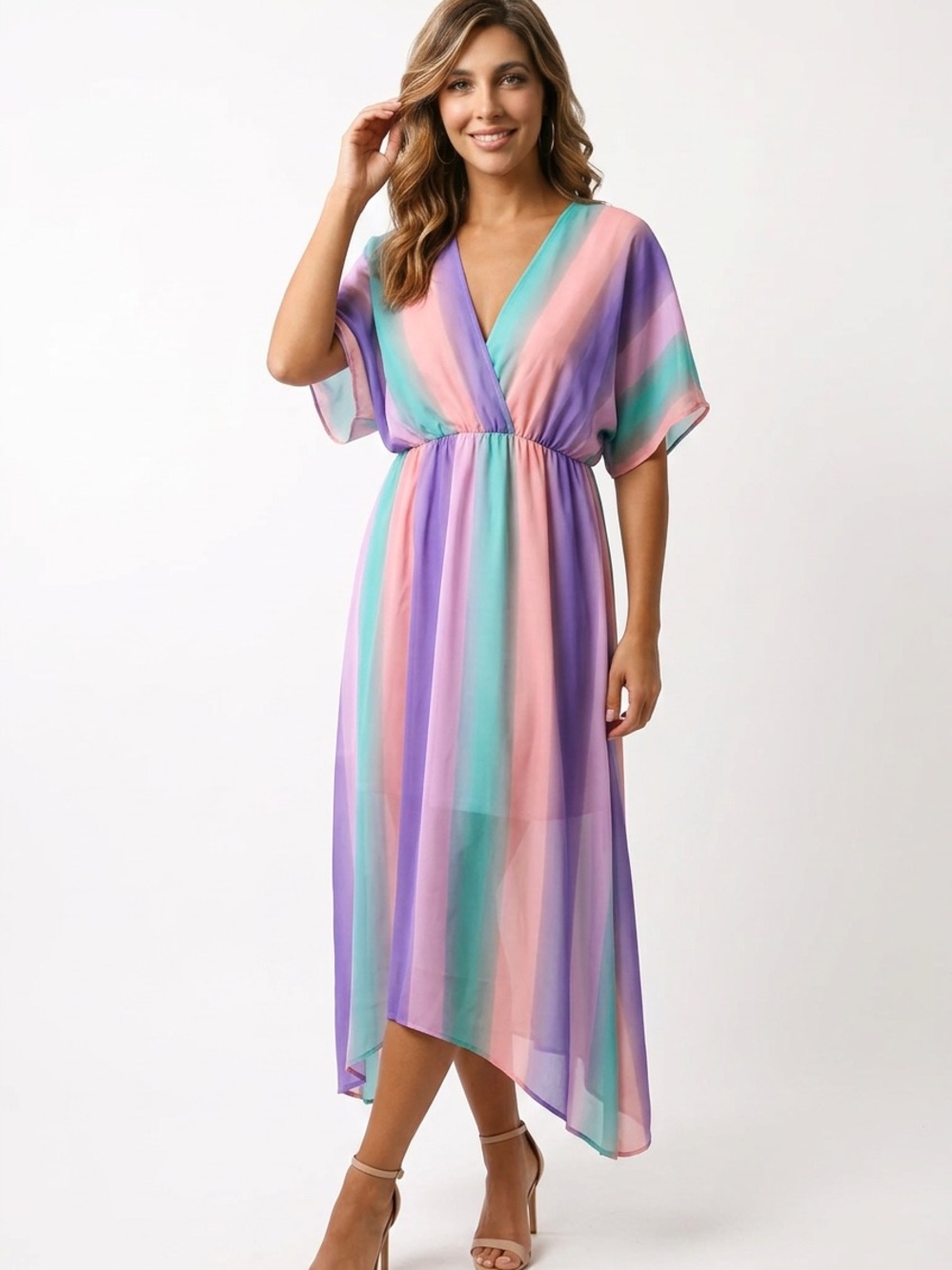 Jess Lea Pastel Striped V-Neck Maxi Dress in Lavender, Mint & Peach